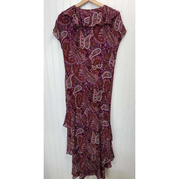 SUNDANCE 100% Silk Burgundy Paisley Ruffle Flutter Tier Maxi Dress 12 Boho Sheer - Picture 5 of 9